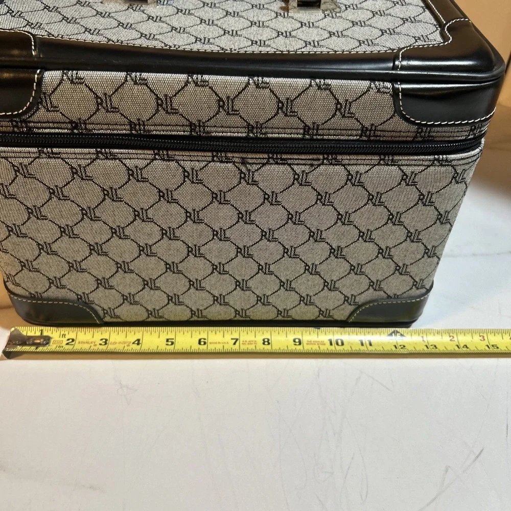 Ralph Lauren Signature Monogramed Gray Black Leather Trim Cosmetic Case